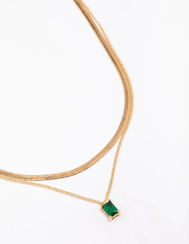 Shop Classic Women's Necklaces & Pendants with a Modern Twist-Gold Plated Baguette Snake Emerald Layered Necklace Shop Classic Women's Necklaces & Pendants with a Modern Twist-Gold Plated Baguette Snake Emerald Layered Necklace