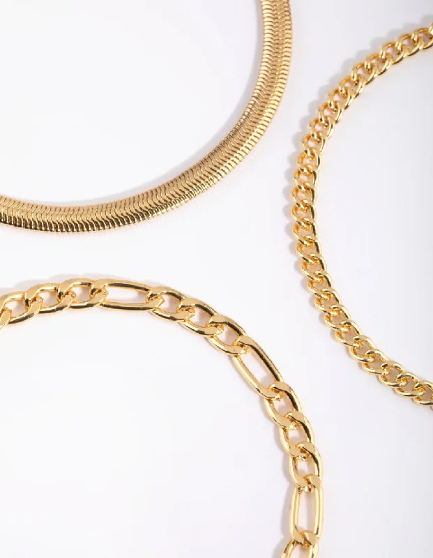 Women's Bangles with Elegant Stone Settings-Gold Plated Snake Chain Bracelet Pack
