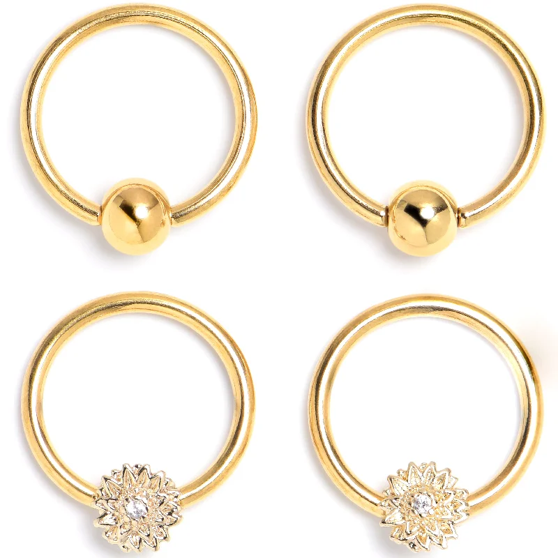 Fashion-Forward Lip Rings with Modern Flair16 Gauge 3/8 Clear Gem Gold Tone Tiny Flower BCR Captive Ring Set of 4