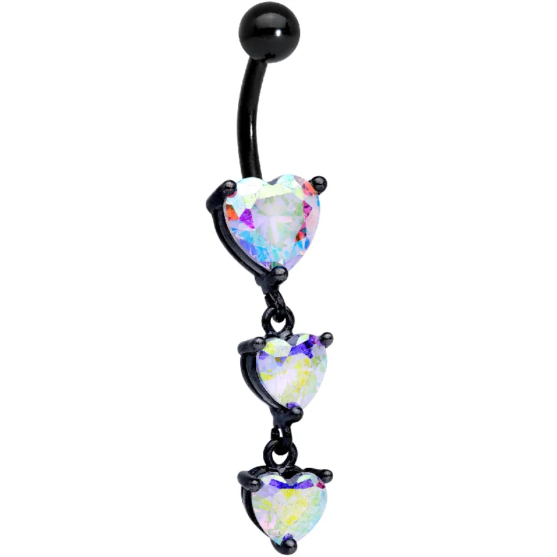 Trendy Belly Rings for Chic Fashion -Aurora CZ Gem Black Triple Heart Dangle Belly Ring