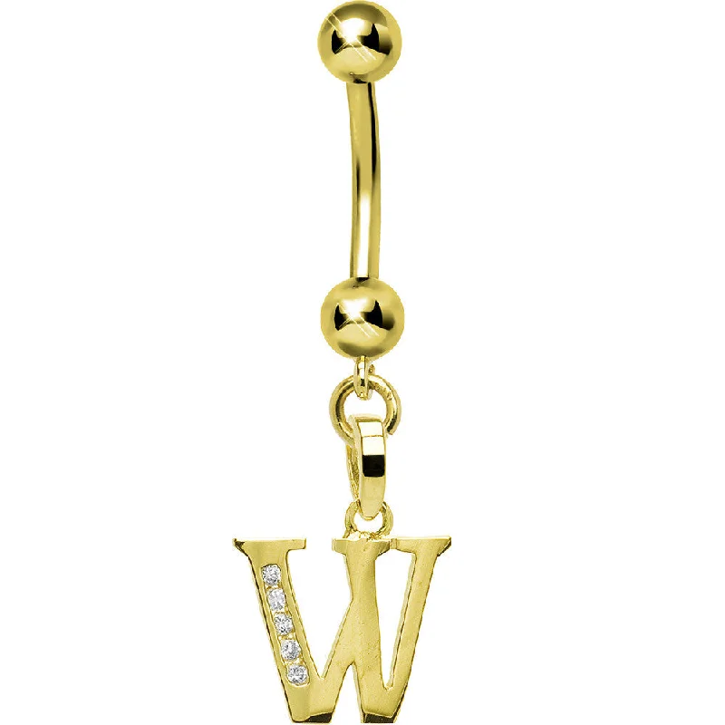 Unique Belly Rings for Creative Piercings -16 Gauge Solid 14kt Yellow Gold CZ Initial W Belly Ring Unique Belly Rings for Creative Piercings -16 Gauge Solid 14kt Yellow Gold CZ Initial W Belly Ring