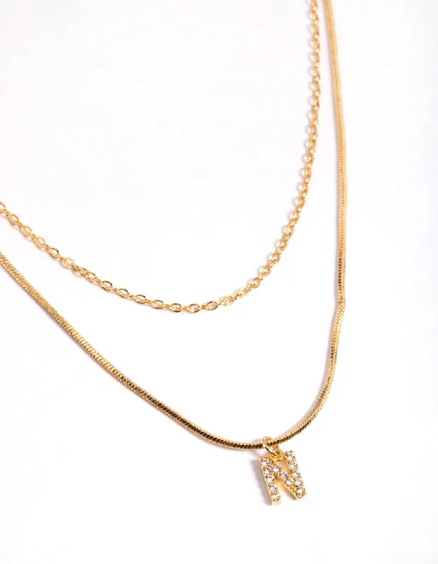 Shop Classic Women's Necklaces & Pendants with a Modern Twist-Letter N Gold Plated Layered Diamante Initial Necklace Shop Classic Women's Necklaces & Pendants with a Modern Twist-Letter N Gold Plated Layered Diamante Initial Necklace
