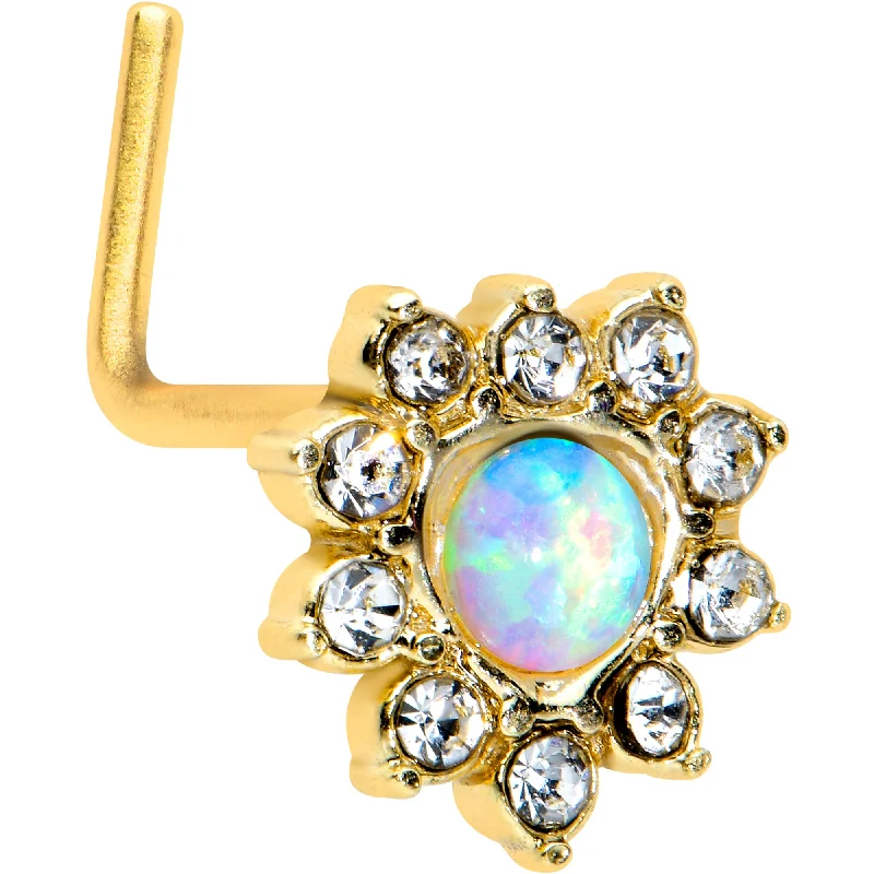 Affordable Nose Rings for Unique Styles -20 Gauge 7mm White Faux Opal Gold Tone Heart Sun L Shape Nose Ring Affordable Nose Rings for Unique Styles -20 Gauge 7mm White Faux Opal Gold Tone Heart Sun L Shape Nose Ring