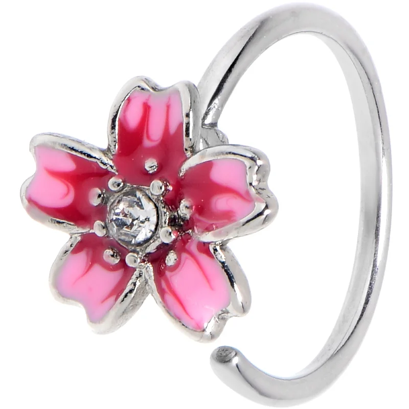 Nose Rings with Sparkling Diamonds -20 Gauge 5/16 Clear Gem Perfect Pink Flower Nose Hoop Nose Rings with Sparkling Diamonds -20 Gauge 5/16 Clear Gem Perfect Pink Flower Nose Hoop