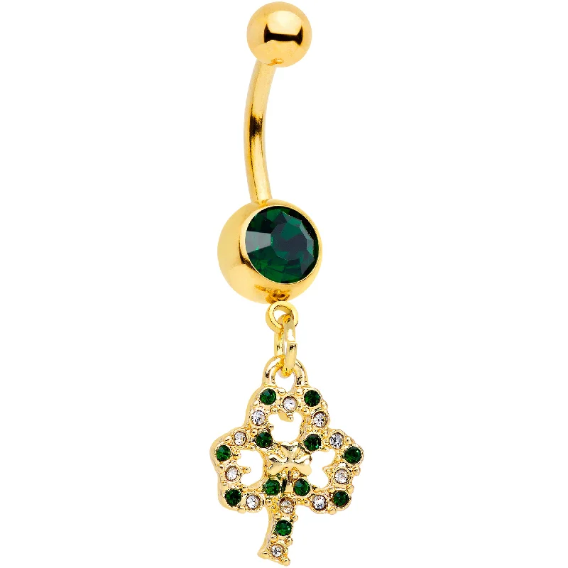 Beautiful Belly Rings for Glamorous Appeal -Green Gem Gold Tone Double Shamrock St Patricks Day Dangle Belly Ring Beautiful Belly Rings for Glamorous Appeal -Green Gem Gold Tone Double Shamrock St Patricks Day Dangle Belly Ring