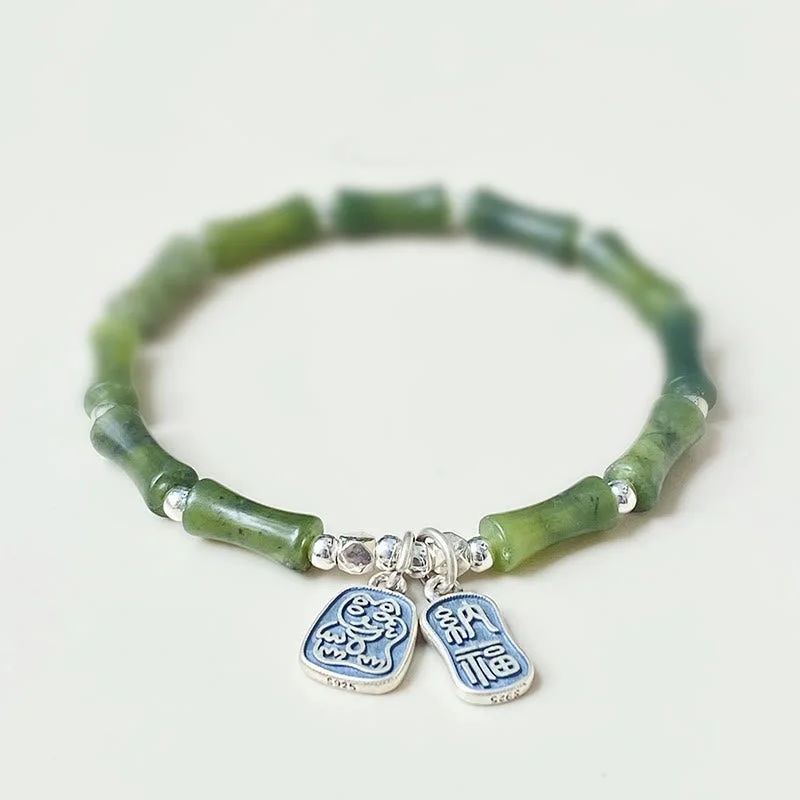 Customizable Bangles for Women-Buddha Stones 925 Sterling Silver Bamboo Jade Lucky Cat Fu Character Luck Abundance Bracelet Customizable Bangles for Women-Buddha Stones 925 Sterling Silver Bamboo Jade Lucky Cat Fu Character Luck Abundance Bracelet