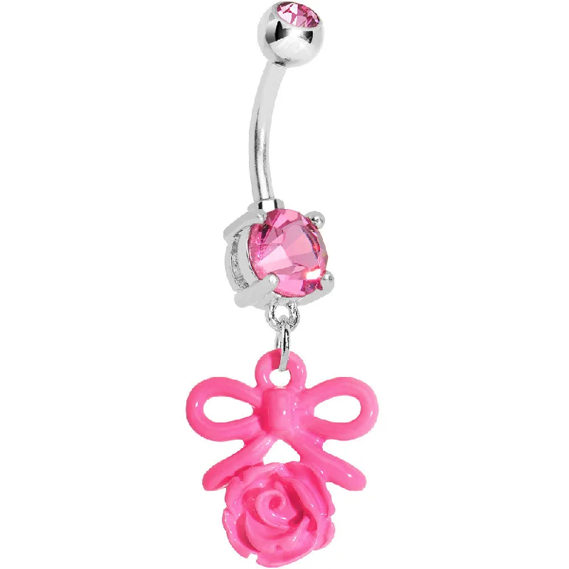 Beautiful Belly Rings for Elegant Style -Pink Gem Feminine Bow and Rose Flower Belly Ring Beautiful Belly Rings for Elegant Style -Pink Gem Feminine Bow and Rose Flower Belly Ring