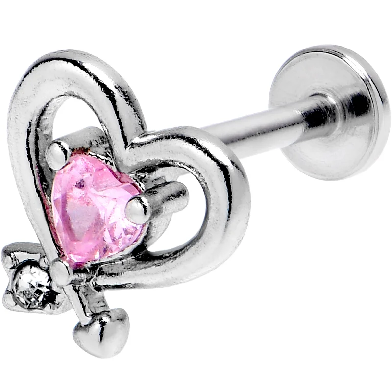 Comfortable Lip Rings for Everyday Comfort16 Gauge 5/16 Pink CZ Gem Internally Threaded Wrapped Heart Labret