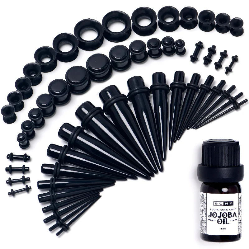 Women's Earrings – Elegant Designs for Every Personality--14 Gauge to 1/2 Black Acrylic 54 Piece Ear Stretching Kit with Jojoba Oil