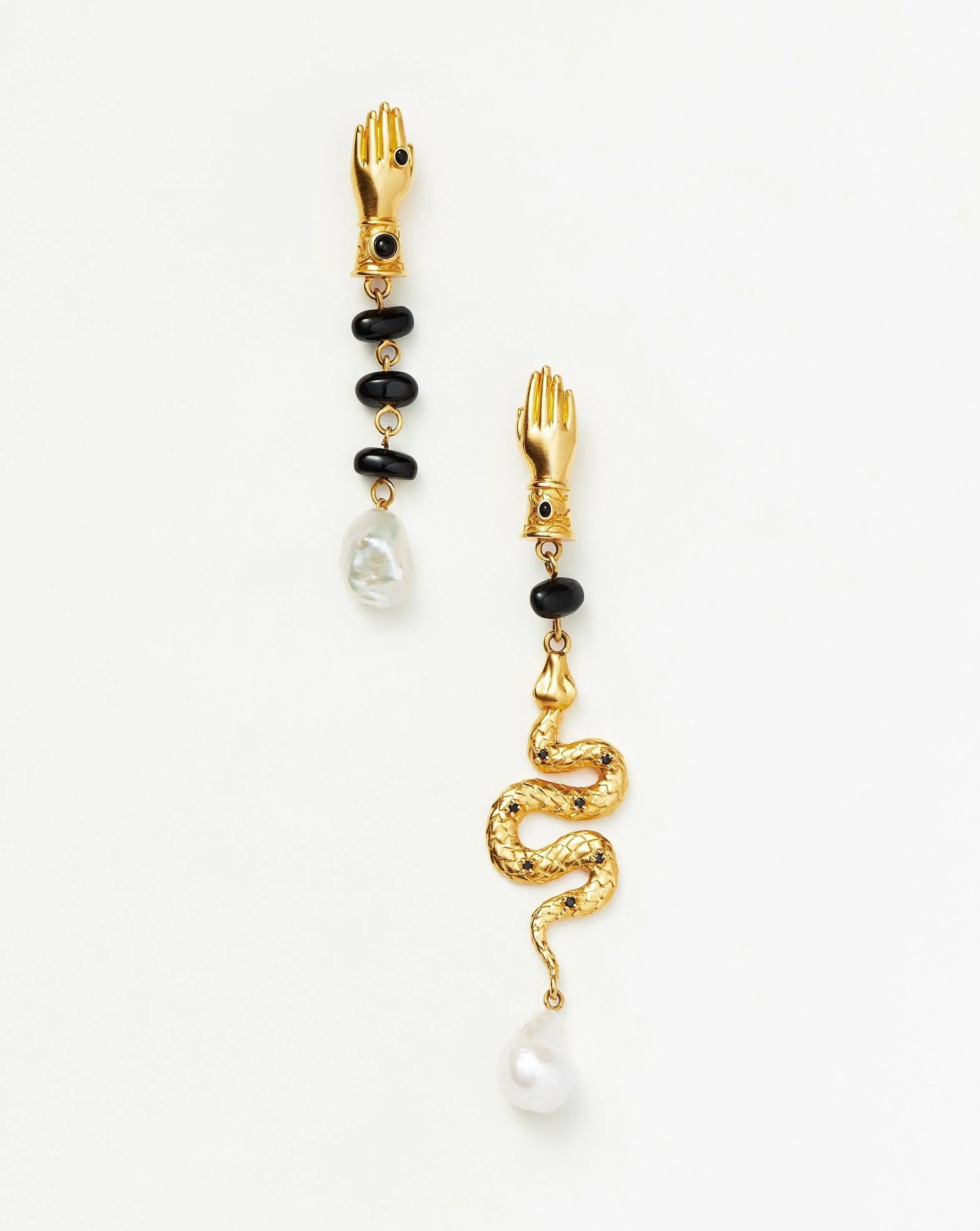 Women's Earrings – Elegant Designs for Every Personality--Harris Reed Handpicked Serpent Mismatch Earrings | 18k Gold Plated/Pearl & Black Onyx