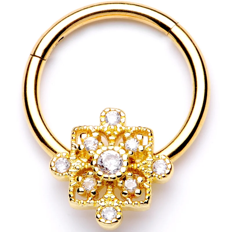 Trendy Lip Rings with Classic Appeal16 Gauge 3/8 Clear CZ Gold Tone Royal Square Hinged Segment Ring Trendy Lip Rings with Classic Appeal16 Gauge 3/8 Clear CZ Gold Tone Royal Square Hinged Segment Ring
