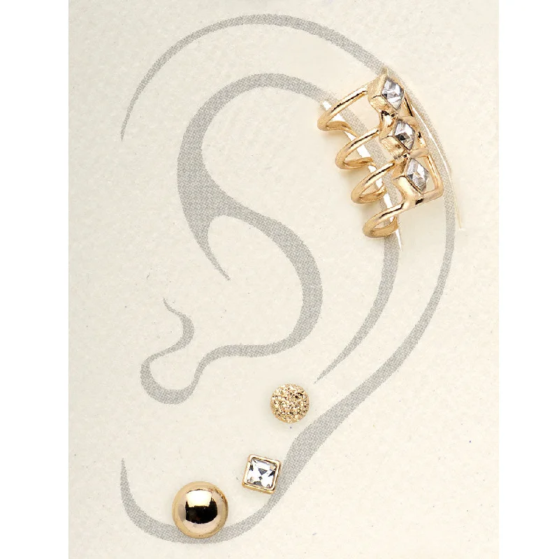 Women's Earrings – Elegant Designs for Every Personality--Gold Tone Clear Ball Stud Earrings and Triple Clear Ear Cuff Set Women's Earrings – Elegant Designs for Every Personality--Gold Tone Clear Ball Stud Earrings and Triple Clear Ear Cuff Set