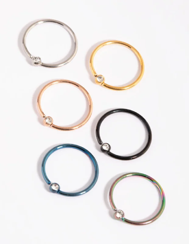 Nose Rings for Evening Wear -Surgical Steel Rainbow Diamante Nose Ring 6-Pack