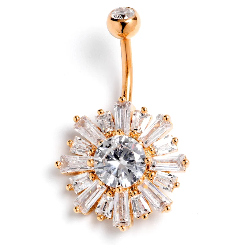 Beautiful Belly Rings with Dazzling Stones -Clear CZ Gem Rose Gold Tone Sunny Burst Belly Ring Beautiful Belly Rings with Dazzling Stones -Clear CZ Gem Rose Gold Tone Sunny Burst Belly Ring