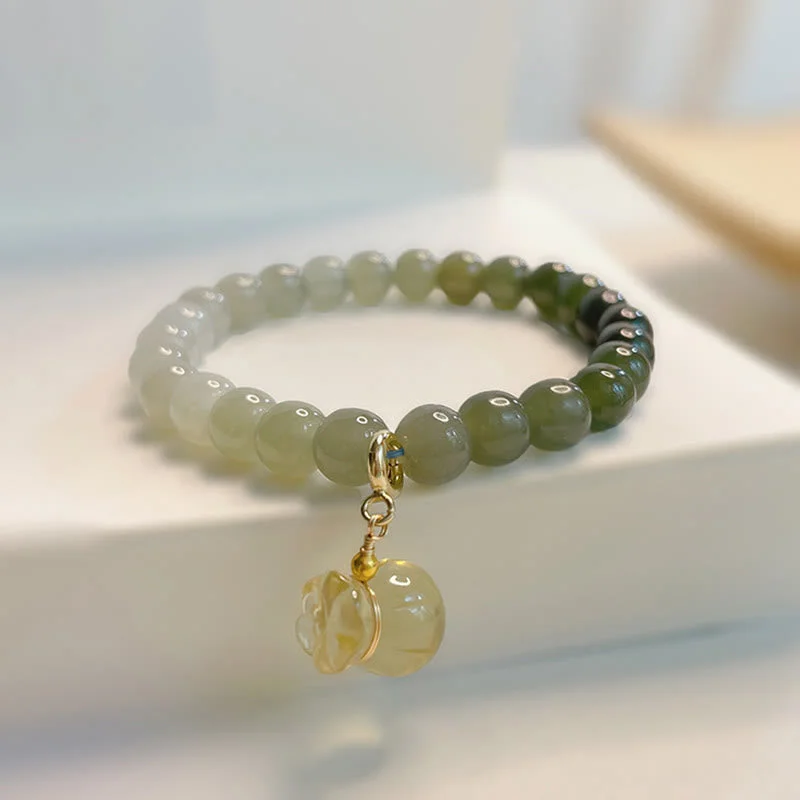 Chunky Silver Bangles for Women-Buddha Stones Natural Hetian Jade Money Bag Charm Bead Prosperity Bracelet