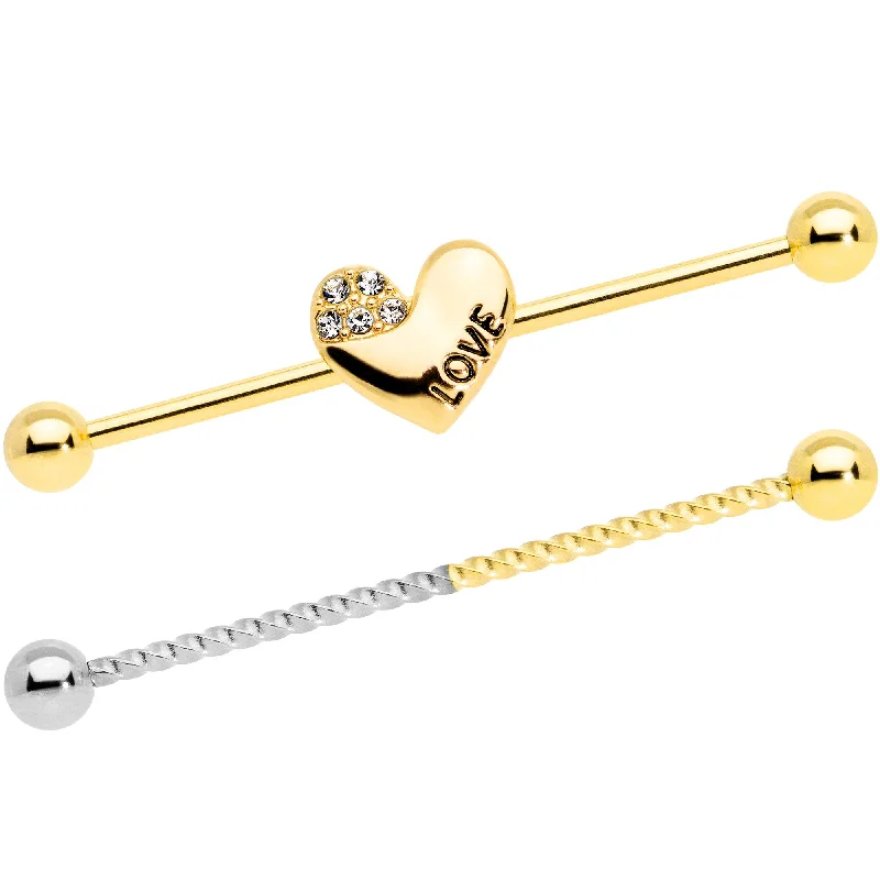 Women's Earrings – Elegant Designs for Every Personality--14 Gauge Clear Gem Gold Tone Love Heart Industrial Barbell 38mm
