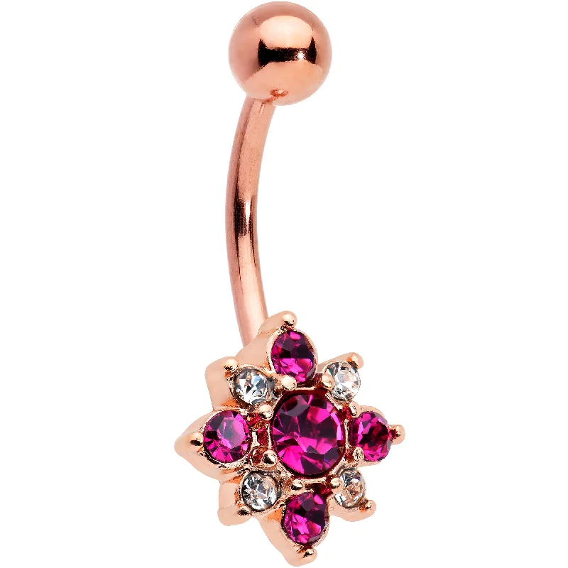 Fashionable Belly Rings with Vibrant Accents -Pink Clear Gem Rose Gold Tone Rococo Star Belly Ring