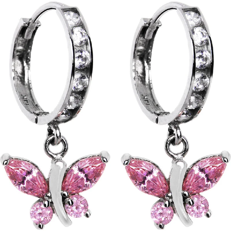 Women's Earrings – Elegant Designs for Every Personality--14kt White Gold Light Pink CZ Butterfly Huggy Earrings Women's Earrings – Elegant Designs for Every Personality--14kt White Gold Light Pink CZ Butterfly Huggy Earrings
