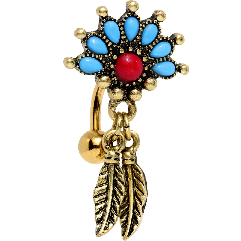 Comfortable Belly Rings for Simple Looks -Red Blue Orb Gold Anodized Fan Feather Top Mount Dangle Belly Ring Comfortable Belly Rings for Simple Looks -Red Blue Orb Gold Anodized Fan Feather Top Mount Dangle Belly Ring