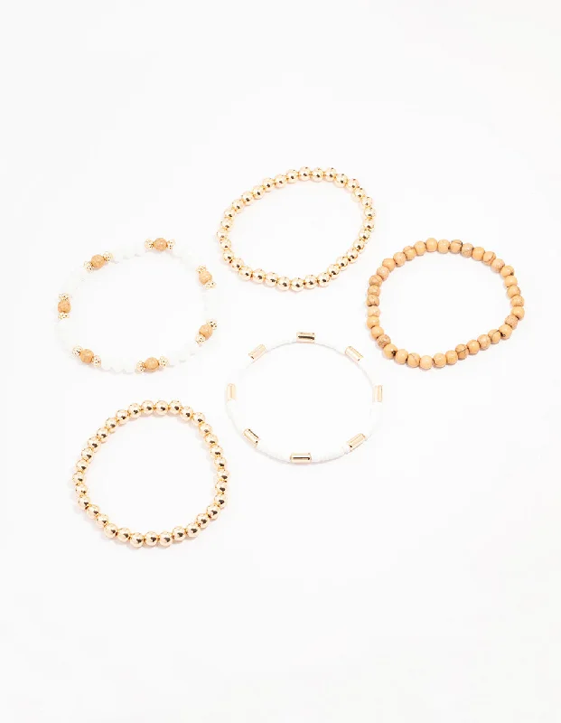 Silver Bangles for Women with Engraved Symbols-Gold & Wooden Beaded Bracelet 5-Pack