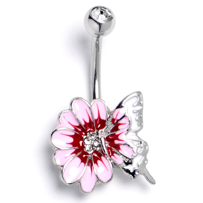 Belly Rings with Heart-Shaped Designs -Clear CZ Gem Butterfly Blossom Pink White Belly Ring Belly Rings with Heart-Shaped Designs -Clear CZ Gem Butterfly Blossom Pink White Belly Ring