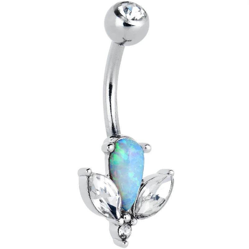 Stunning Belly Rings with Colorful Stones -White Faux Opal Drop Flower Belly Ring