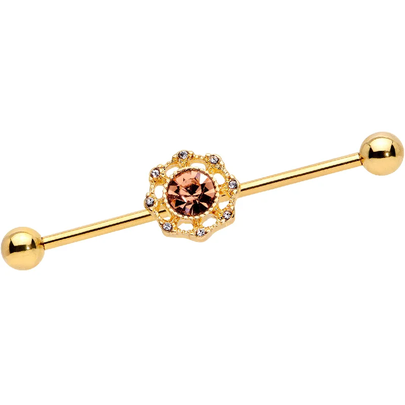 Women's Earrings – Elegant Designs for Every Personality--14 Gauge Pink Clear CZ Gem Gold Tone Sunburst Industrial Barbell 38mm