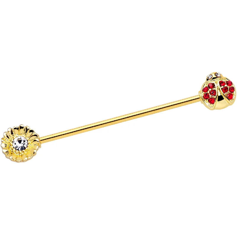 Women's Earrings – Elegant Designs for Every Personality--14 Gauge Red Gem Gold Tone Ladybug Flower Industrial Barbell 38mm