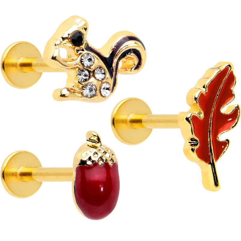 Lip Rings for Trendy Looks16 Gauge 5/16 Clear Gem Gold Tone Squirrel Leaf Labret Tragus Set of 3
