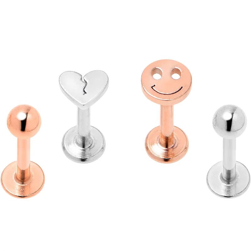 Trendy Lip Rings with Vibrant Touch16 Gauge 5/16 Rose Gold Tone Smiling Face Broken Heart Labret Set of 4