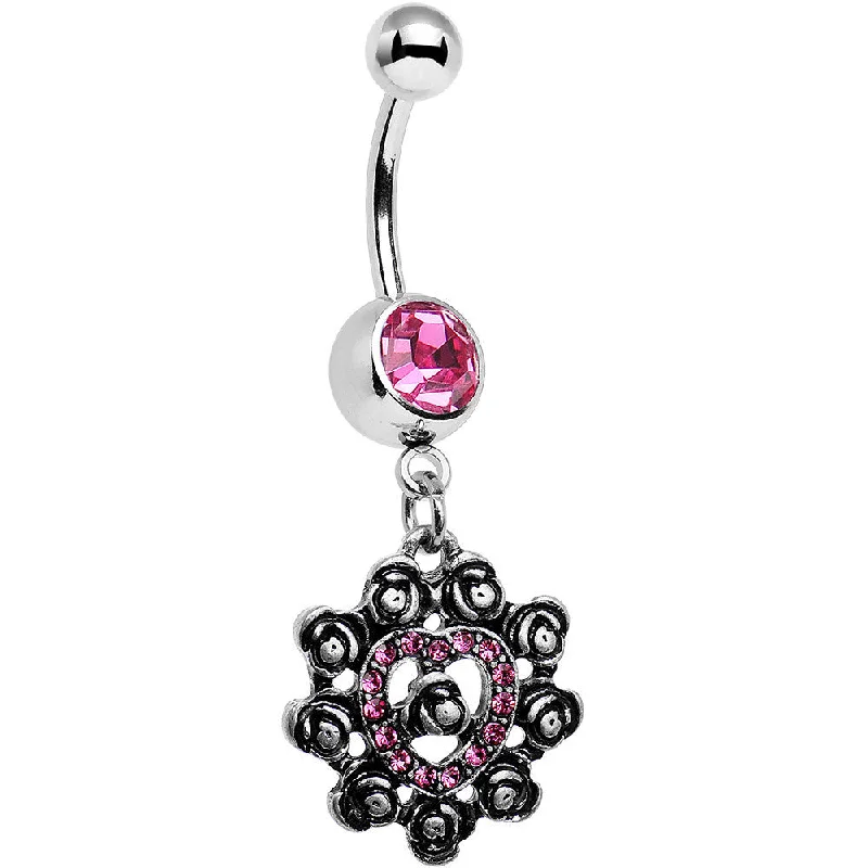 Chic Belly Rings for Stylish Looks -Pink Gem Rose Ring Flower Heart Dangle Belly Ring Chic Belly Rings for Stylish Looks -Pink Gem Rose Ring Flower Heart Dangle Belly Ring
