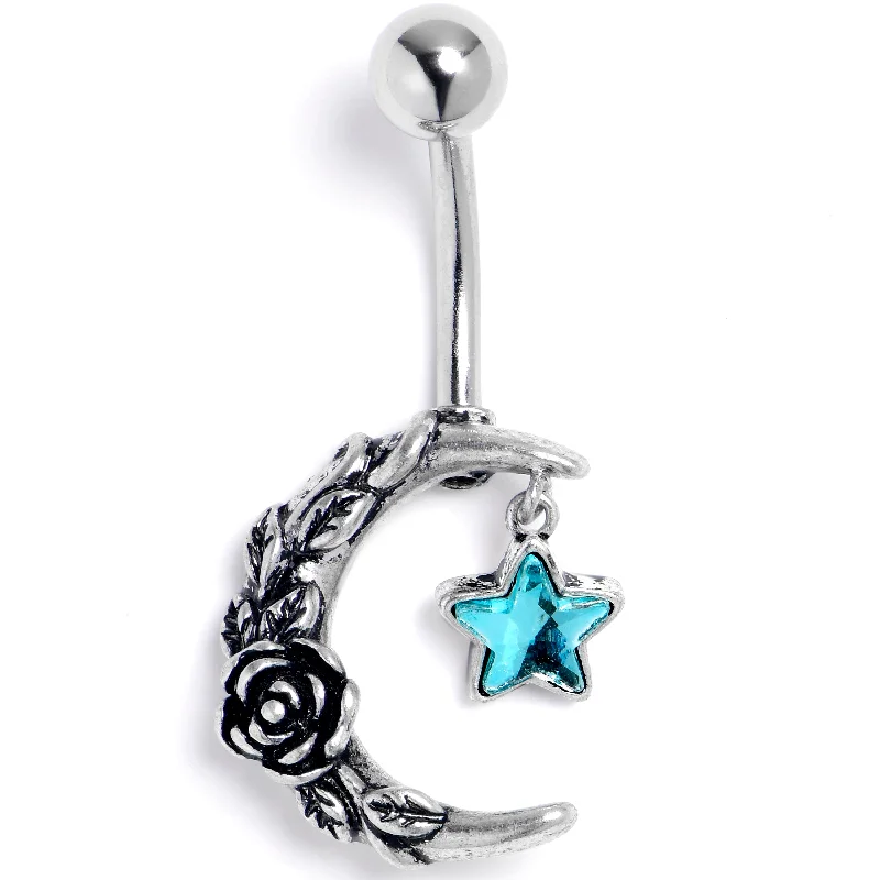 Unique Belly Rings with Personalized Features -Blue Gem Ornate Moon Star Belly Ring