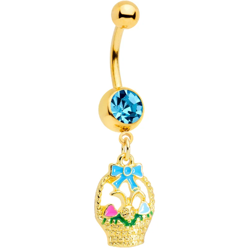 Custom Belly Rings for Personalized Style -Aqua Gem Gold Tone Easter Basket Dangle Belly Ring Custom Belly Rings for Personalized Style -Aqua Gem Gold Tone Easter Basket Dangle Belly Ring