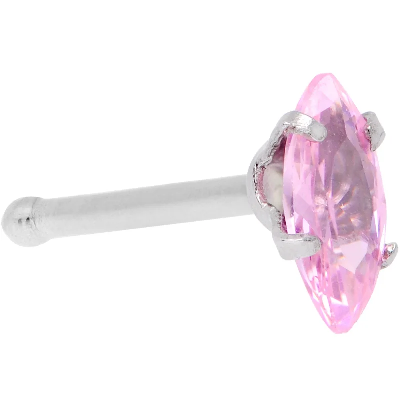 Comfortable Silver Nose Rings -20 Gauge 1/4 Pink CZ Gem Ellipse Nose Bone