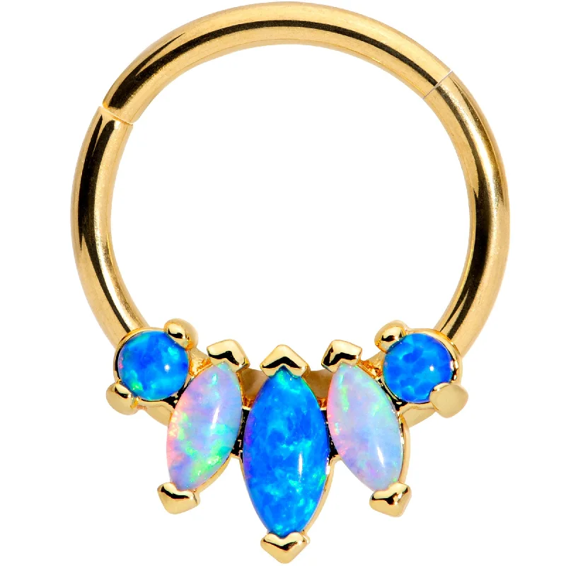 Comfortable and Elegant Nose Rings -16 Gauge 3/8 Blue White Synthetic Opal Gold Tone Hinged Segment Ring Comfortable and Elegant Nose Rings -16 Gauge 3/8 Blue White Synthetic Opal Gold Tone Hinged Segment Ring