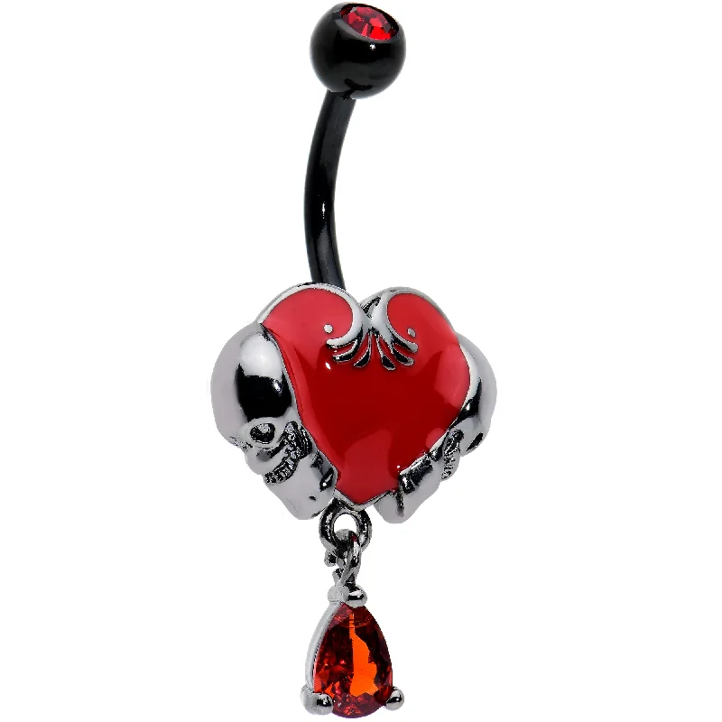 Unique Belly Rings for Bold Style -Red CZ Gem Black Double Skull Heart Dangle Belly Ring