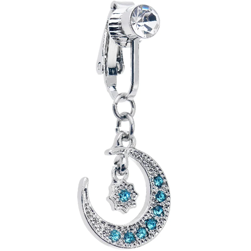 Stunning Belly Rings for Trendy Looks -Blue CZ Gem Crescent Moon Star Dangle Clip on Fake Belly Ring Stunning Belly Rings for Trendy Looks -Blue CZ Gem Crescent Moon Star Dangle Clip on Fake Belly Ring