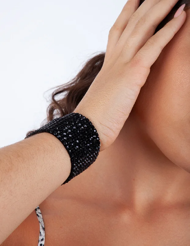 Gold-Plated Bangles for Women-Black Multi Diamante Stretch Bracelet