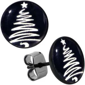 Women's Earrings – Elegant Designs for Every Personality--Black Anodized Glow in the Dark Holiday Christmas Tree Stud Earrings