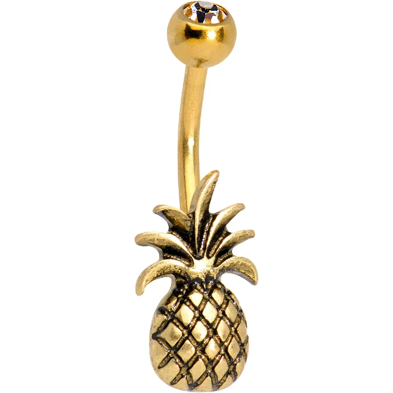Custom Belly Rings for Unique Appeal -Clear Gem Gold PVD Pineapple Pizzazz Belly Ring Custom Belly Rings for Unique Appeal -Clear Gem Gold PVD Pineapple Pizzazz Belly Ring