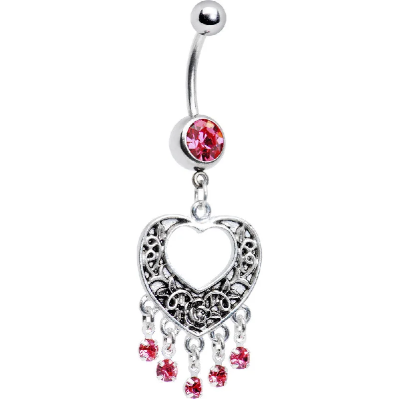 Trendy Belly Rings for Everyday Fashion -Pink Gem Hollow Heart Chandelier Belly Ring Trendy Belly Rings for Everyday Fashion -Pink Gem Hollow Heart Chandelier Belly Ring