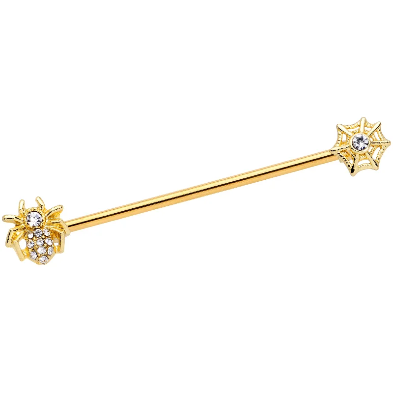 Women's Earrings – Elegant Designs for Every Personality--14 Gauge Clear Gem Gold Tone Spider Halloween Industrial Barbell 38mm