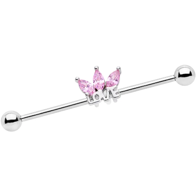 Women's Earrings – Elegant Designs for Every Personality--14 Gauge Pink Gem Crown of Love Industrial Barbell 38mm