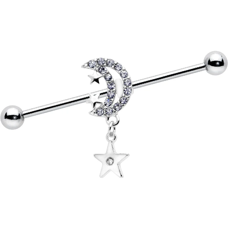 Women's Earrings – Elegant Designs for Every Personality--14 Gauge Clear CZ Gem Moon Dangle Star Industrial Barbell 38mm Women's Earrings – Elegant Designs for Every Personality--14 Gauge Clear CZ Gem Moon Dangle Star Industrial Barbell 38mm