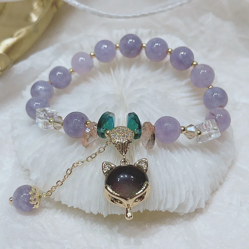 Crystal-Embellished Bangles for Women-Buddha Stones Natural Purple Jade Fox Charm Happiness Bracelet Crystal-Embellished Bangles for Women-Buddha Stones Natural Purple Jade Fox Charm Happiness Bracelet