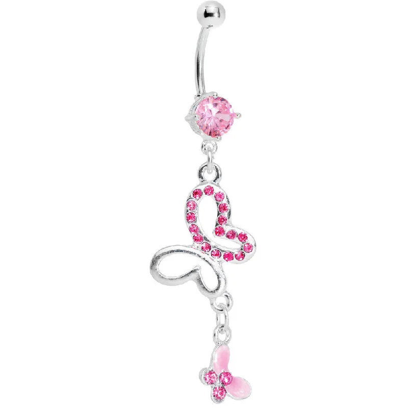Trendy Belly Rings for Bold Style -Pink Gem Butterfly Duo Belly Ring