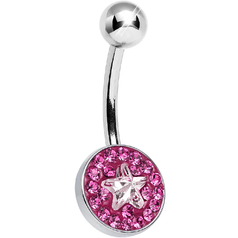 Belly Rings with Gemstone Designs for Chic Style -Pink Gem Medallion with Clear Gem Star Core Belly Ring Belly Rings with Gemstone Designs for Chic Style -Pink Gem Medallion with Clear Gem Star Core Belly Ring