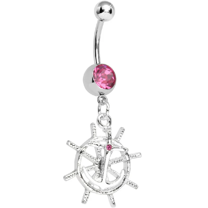 Belly Rings with Beautiful Crystal Details -Pink Gem Captain Take the Wheel and Anchor Dangle Belly Ring Belly Rings with Beautiful Crystal Details -Pink Gem Captain Take the Wheel and Anchor Dangle Belly Ring
