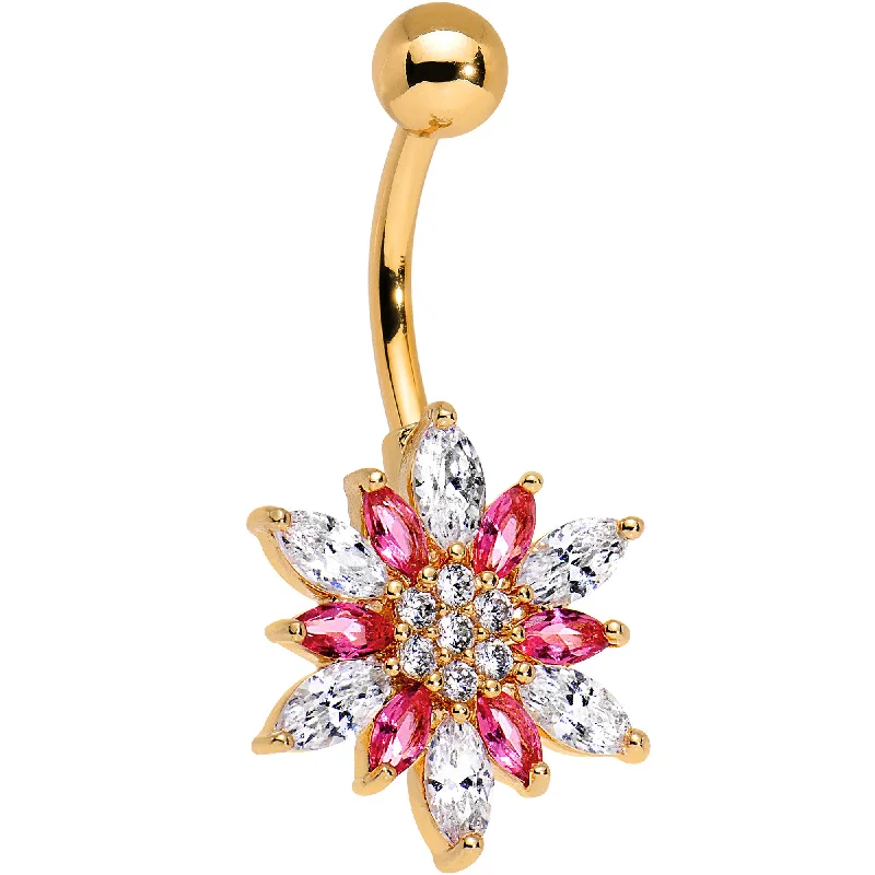 Beautiful Belly Rings with Dazzling Stones -Clear Pink CZ Gem Gold Anodized Holiday Flower Belly Ring Beautiful Belly Rings with Dazzling Stones -Clear Pink CZ Gem Gold Anodized Holiday Flower Belly Ring