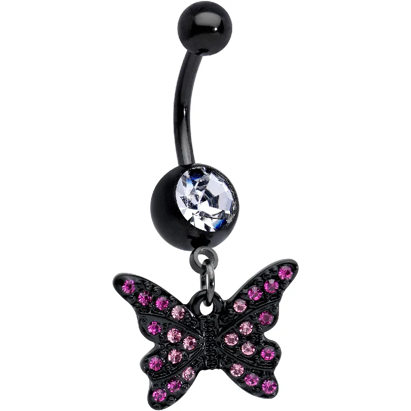Custom Belly Rings for Personalized Style -Clear Pink Gem Black Midnight Butterfly Dangle Belly Ring Custom Belly Rings for Personalized Style -Clear Pink Gem Black Midnight Butterfly Dangle Belly Ring